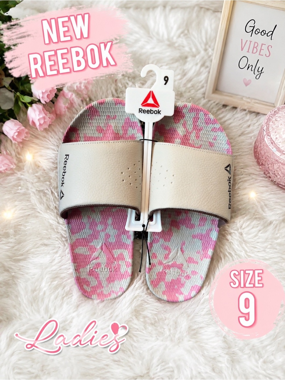 Reebok Ladies Slide Sandals in Pink Camo with Cream Strap NEW